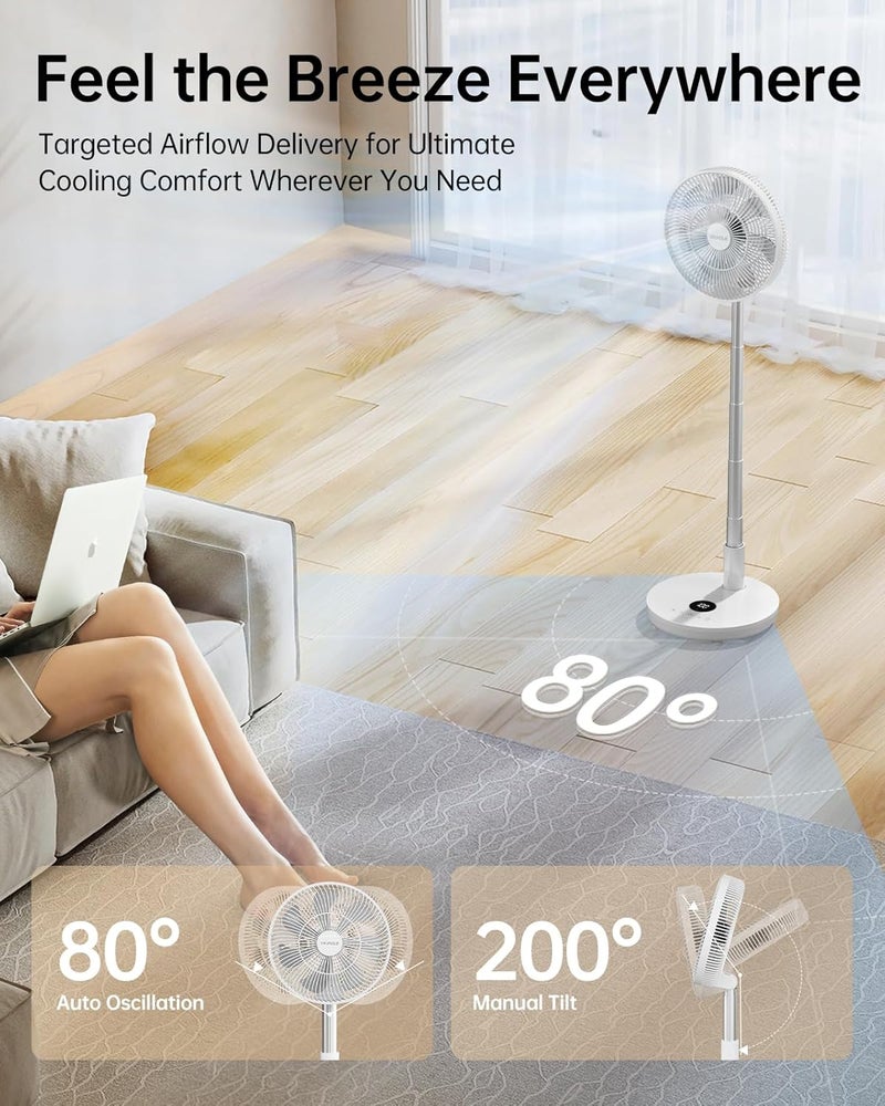 TriPole Oscillating Fan Portable Quiet Standing Fan with Remote, 12" Rechargeable Pedestal Fans for Bedroom Office, Foldable Battery Powered Travel Fans, Adjustable Height, 8H Timer, 6 Speeds, 44.4Wh - Image 4
